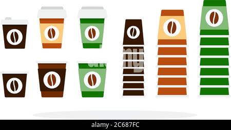 Tasses en plastique et en papier grandes et petites tailles pour le café vectoriel plat isolé Illustration de Vecteur