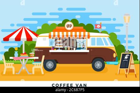 Café et minibus dans l'illustration de la plate du parc vectoriel. Illustration de Vecteur
