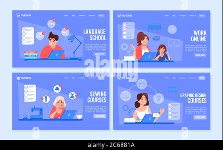 Ensemble de pages Web de cours de formation en ligne sur le travail à distance Illustration de Vecteur