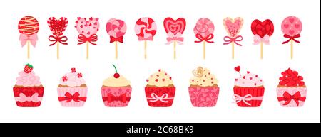 Ensemble de friandises, de bonbons et de petits gâteaux de Saint-Valentin. Délicieux dessins animés de vacances plat dessins animés bonbons. Caramel de canne à Lollipop, crème à gâteau au sucre. Plats de fête, coeurs décorés, noeud. Illustration vectorielle isolée Illustration de Vecteur