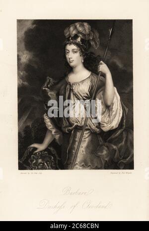 Barbara Palmer, première duchesse de Cleveland, comtesse de Castlemaine, anciennement Barbara Villiers, maîtresse notoire du roi Charles II, 1640-1709. Déesse guerrière Pallas Athena ou Bellona, en casque militaire avec lance et bouclier. Gravure en acier par Thomas Wright après un portrait de Sir Peter Lely tiré des mémoires de Mme Anna Jameson sur les beautés de la Cour du Roi Charles le second, Henry Coburn, Londres, 1838 Banque D'Images