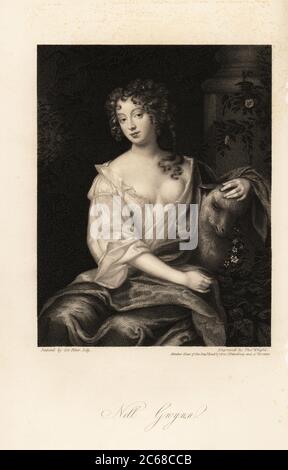 Nell Gwyn, actrice de restauration, amant du comte de Rochester, maîtresse de longue date du roi Charles II d'Angleterre, 1650-1687. Représentée dans une nuisette ample avec sa main sur la tête d'un agneau. Gravure en acier par Thomas Wright après un portrait de Sir Peter Lely tiré des mémoires de Mme Anna Jameson sur les beautés de la Cour du Roi Charles le second, Henry Coburn, Londres, 1838. T. Wright a été membre élu de l'Académie impériale des arts ou de Saint-Pétersbourg et de Florence. Banque D'Images