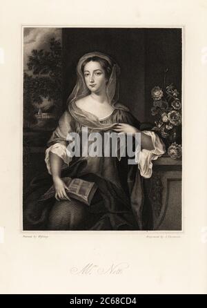 Portrait de Mme Nott de Canterbury, née Miss Stanley, d. 1711, une des trois beautés de la cour pour Marie II, princesse d'Orange. Assis, dans un voile, à lire un livre. Gravure en acier par J. Thomson après un portrait de Willem Wissing, tiré des mémoires de Mme Anna Jameson sur les beautés de la Cour du Roi Charles le second, Henry Coburn, Londres, 1838 Banque D'Images