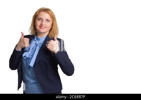 plus taille caucasienne bureau d'affaires femme. isolé en blanc. montre le pouce vers le haut, le succès et l'approbation Banque D'Images