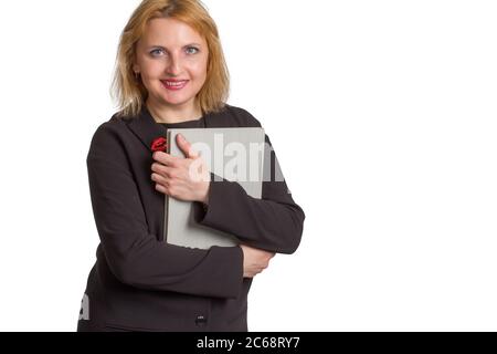 plus taille caucasienne bureau d'affaires femme. isolé en blanc. tenant un dossier avec des documents ou un livre Banque D'Images