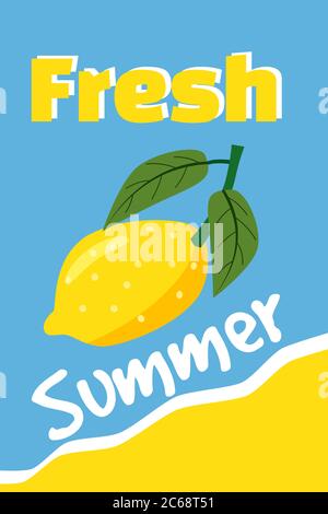 Lemon Fresh été, vacances, vacances ensemble d'affiches. design plat. Peut être utilisé pour le message d'accueil et carte d'invitation. Fond, toile de fond. Modèle de mise en page dans Illustration de Vecteur