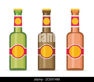 Bouteilles de bière avec étiquettes isolées sur fond blanc. Icône de style plat. Illustration vectorielle. Illustration de Vecteur