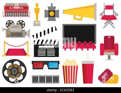 Les icônes du cinéma s'affichent à plat. Réalisation de films et de films dans le jeu d'icônes de cinéma Illustration de Vecteur