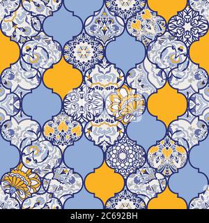 Mosaïque azulejos. Motif abstrait sans couture dessiné à la main. Motifs Islam, arabe, Indien, ottoman. Mosaïque de poterie majolica, bleu, jaune azulejo. Illustration de Vecteur