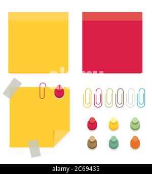 Autocollants en papier couleur pour notes, illustration vectorielle plate, vecteur d'icônes de poste, icônes de note plate avec éléments de clip et d'épingle Illustration de Vecteur
