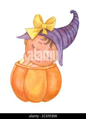 Halloween Aquarelle illustration d'un petit bébé mignon qui est assis avec ses yeux fermés dans une citrouille. Un enfant fête Halloween. Isolé sur un Banque D'Images