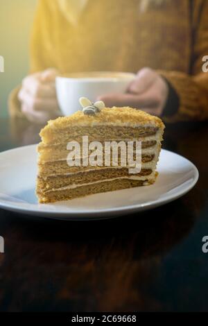 Gâteau au miel en gros plan. Femme en terre cuite sans tête et mains avec latte sur fond. Soleil. Banque D'Images