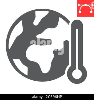 Icône de glyphe de réchauffement climatique, nature et écologie, planète avec graphiques vectoriels de signe de thermomètre, icône de trait plein modifiable, eps 10. Illustration de Vecteur