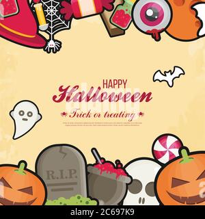 Bannière concept Halloween avec icône plate sur fond texturé orange. Illustration vectorielle plate. Affiches et symboles d'Halloween. Illustration de Vecteur