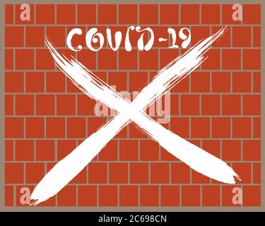 Vaporisez l'inscription COVID-19 sur le mur en brique rouge. Nouveau nom officiel du coronavirus. Un message d'avertissement contre la propagation de la maladie. Illustration de Vecteur