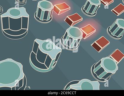 Illustration stylisée d'un panneau de commande avec un grand nombre de boutons, de commutateurs, d'ampoules et d'autres commandes Illustration de Vecteur