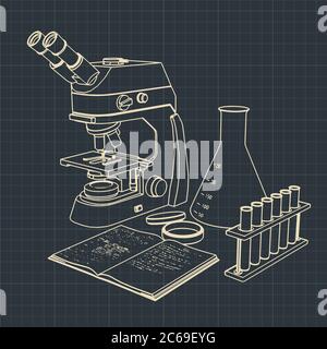 Illustration vectorielle stylisée de l'équipement de laboratoire. Microscope et tubes à essai pour expériences Illustration de Vecteur