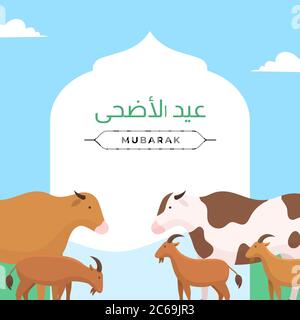 Happy Eid Al Adha le sacrifice de moutons, chèvre, vache, animal de chameau. muslim qUrban Holiday poster background illustration vectorielle. Arabe : Eid Illustration de Vecteur