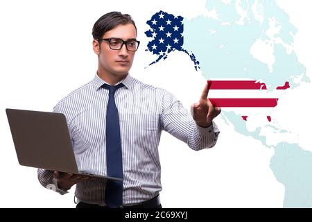 Concept d'immigration aux États-Unis avec le bouton virtuel appuyant Banque D'Images