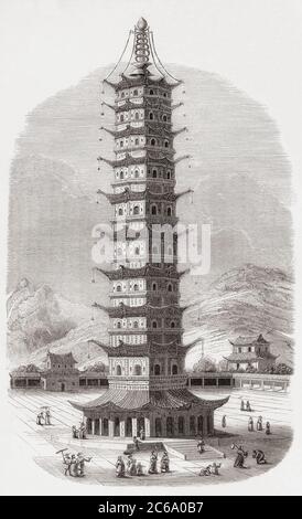 La tour de porcelaine de Nanjing, qui fait partie de l'ancien Grand Temple Bao'en, Nanjing, Chine, vu ici au XIXe siècle avant sa destruction pendant la rébellion de Taiping. De monuments de tous les Peuples, publié en 1843. Banque D'Images