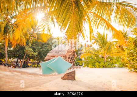 Hamac et oreillers entre deux palmiers sur la plage pendant le coucher du soleil. Tranquillité et calme, été plage vacances vue voyage, rayons du soleil Banque D'Images
