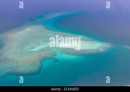 Grande barrière de corail vue sur la mer bleue. De belles eaux turquoise, avec des motifs de récif de corail dans l'océan. Vue aérienne, paysage marin Banque D'Images