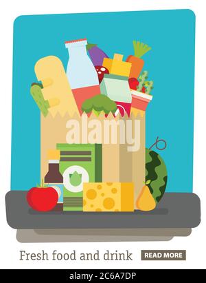Design plat illustration vectorielle colorée Sac en papier, emballage avec produits alimentaires et boissons .légumes, pain, produits laitiers. Illustration de Vecteur