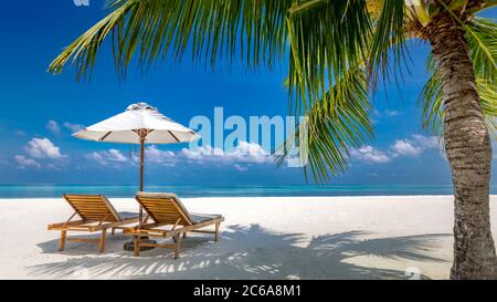 Plage paradisiaque. Une île tropicale parfaite. Magnifiques palmiers et plage tropicale. Ciel bleu et lagon bleu. Voyage de luxe vacances d'été Banque D'Images