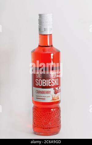 KIEV, UKRAINE - 17 JUIN 2020 : bouteille de vodka Sobieski Cranberry à proximité sur fond blanc. Sobieski est une marque polonaise de vodka produite à partir de seigle, Banque D'Images