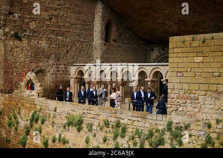 Jaca, Aragon, Espagne. 8 juillet 2020. Le roi Felipe VI d'Espagne, la reine Letizia d'Espagne visite le monastère de San Juan de la Pena le 8 juillet 2020 à Jaca, Espagne crédit: Jack Abuin/ZUMA Wire/Alay Live News Banque D'Images