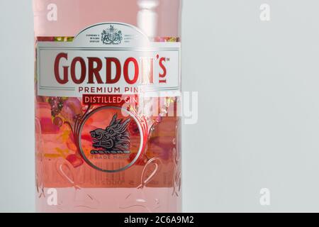 KIEV, UKRAINE - 17 JUIN 2020: Gordons Premium rose bouteille de gin étiquette gros plan sur fond blanc. Le gin est une boisson alcoolique distillée qui dérive Banque D'Images