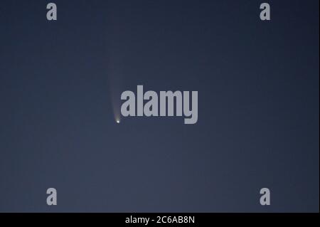 Las Vegas, Nevada, États-Unis. 8 juillet 2020. Le Comet NEOWISE est vu au-dessus du ciel de Las Vegas, Nevada, le 8 juillet 2020. Comet C/2020 F3 a été découvert le 27 mars 2020, à environ 326 milles (525 km) au-dessus de la surface de la Terre par NEOWISE, l'explorateur d'enquêtes infrarouges à champ large d'objets de la Terre proche, qui est un télescope spatial lancé par la NASA en 2009. La comète est actuellement dans la constellation de l'Auriga, visible pendant les prochains jours avant l'aube dans le nord-est de l'hémisphère Nord. Crédit : David Becker/ZUMA Wire/Alay Live News Banque D'Images