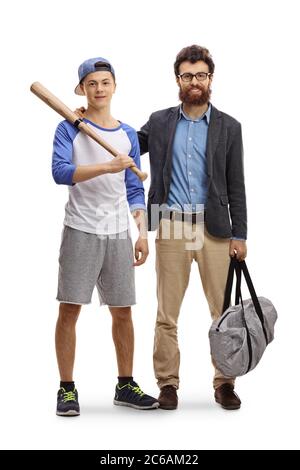 Portrait complet d'un joueur de baseball adolescent avec son père isolé sur fond blanc Banque D'Images