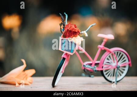 Vélo vintage dans la prairie d'été fait avec des couleurs vintage tons. Effet filtré. Vélo rose vintage avec panier à fleurs. Banque D'Images