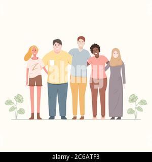 Groupe diversifié de jeunes qui s'embrasent ensemble. Motif personnages de dessin animé. Illustration vectorielle. Illustration de Vecteur