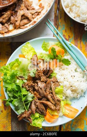 Canard de canette avec riz collant et salade de légumes Banque D'Images