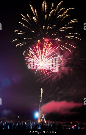 Magnifique feu d'artifice coloré dans le ciel lors d'une soirée festive. Photo verticale Banque D'Images