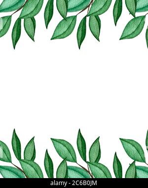 motif de branches de feuilles vertes, illustration de feuillage aquarelle pour cartes ou invitations, arrière-plan de printemps et d'été avec espace de copie Banque D'Images