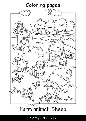 Pages de coloriage vectoriel avec de jolis moutons qui se meussent sur le pré et le berger avec son chien. Illustration de contour de dessin animé isolée sur fond blanc. Stock i Illustration de Vecteur