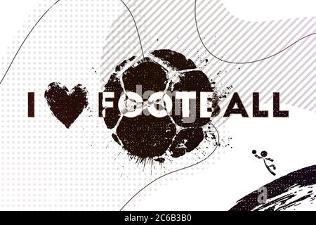 J'adore le football. Illustration vectorielle d'un arrière-plan de football abstrait avec imprimé de balle de football grunge, coeur et gardien de but qui attrapent le ballon Illustration de Vecteur