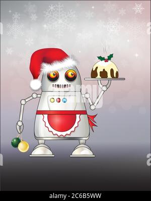 Un robot habillé pour Noël et servant le pudding de Noël. Format vectoriel EPS10. Illustration de Vecteur