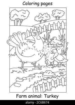 Pages de coloriage de vecteur avec dinde furieuse en colère marchant sur la ferme. Illustration de contour de dessin animé isolée sur fond blanc. Illustration du stock pour c Illustration de Vecteur