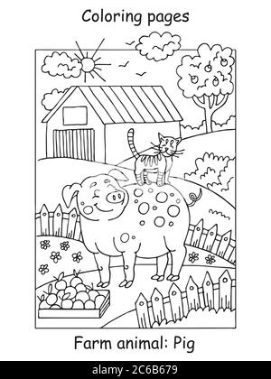 Pages de coloriage vectoriel avec porc et chat souriants sur la ferme prairie. Illustration de contour de dessin animé isolée sur fond blanc. Illustration du stock pour c Illustration de Vecteur