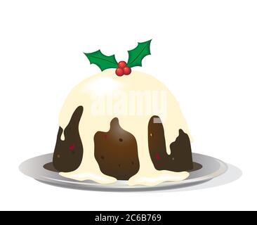 Un pudding de Noël avec du beurre de brandy et une branche de houx sur fond blanc. Illustration de Vecteur