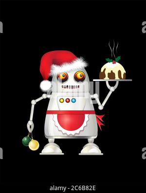 Un robot habillé pour Noël et servant le pudding de Noël. Isolé sur noir. Format vectoriel EPS10. Illustration de Vecteur