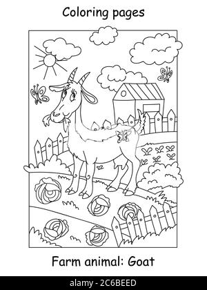 Pages de coloriage vectoriel avec chèvre drôle mâchant un chage sur la ferme. Illustration de contour de dessin animé isolée sur fond blanc. Illustration du stock pour Illustration de Vecteur