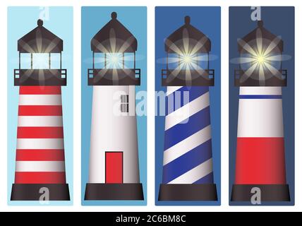 Un ensemble de quatre phares à différentes heures du jour et de la nuit. Format vectoriel EPS10 Illustration de Vecteur