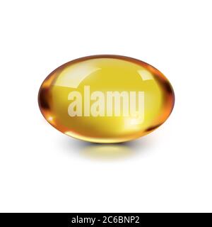 Capsule d'huile bulle ovale dorée isolée sur fond blanc. Vitamine E, A, oméga 3 à usage cosmétique. Modèle d'icône de pilule de gel antibiotique pour le foie, le poisson. Banque D'Images