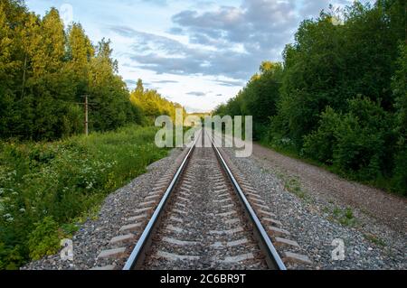 Chemin de fer arrière-plan dans la forêt d'été. Nouvelle route. Contexte industriel Banque D'Images