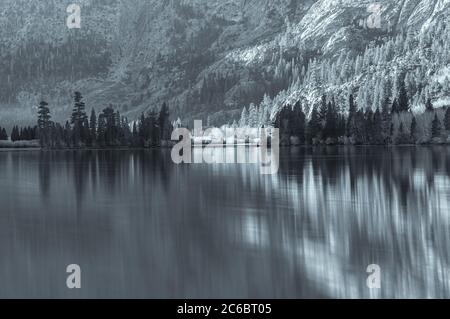 Végétation le long du lac Silver et leurs réflexions sur le lac Silver en noir et blanc, June Lake Loop, June Lake, Californie, États-Unis. Banque D'Images